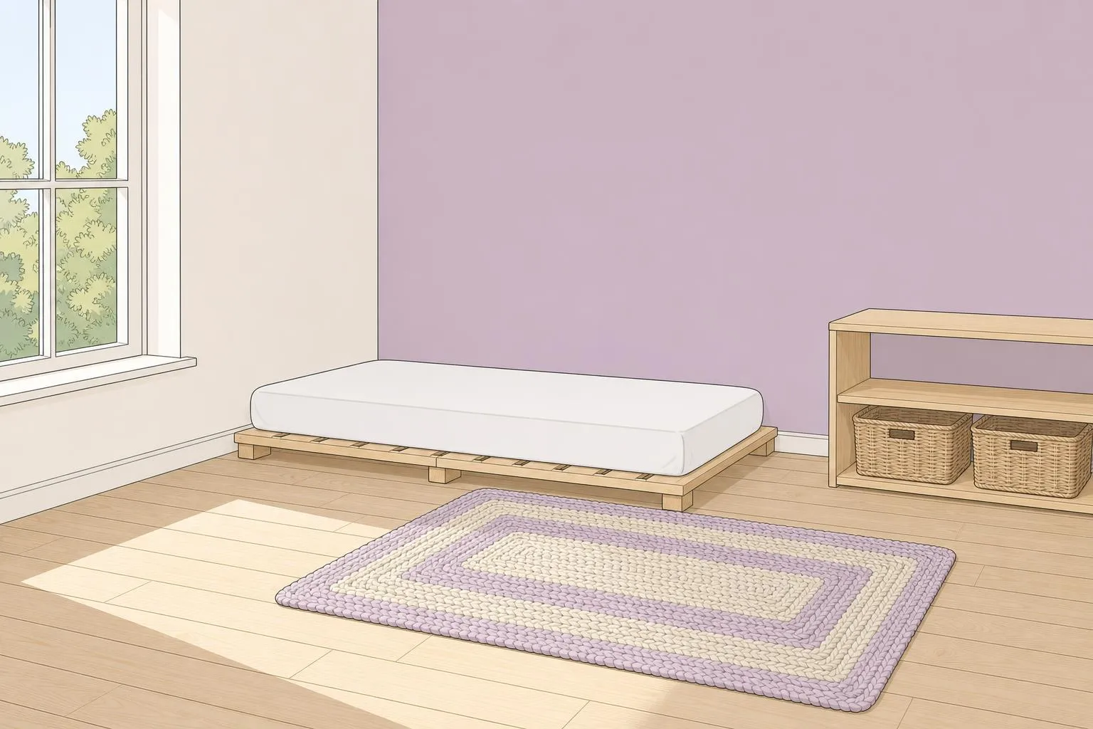 Matelas bas sur cadre à lattes et tapis épais dans une chambre d'enfant claire, sol dégagé