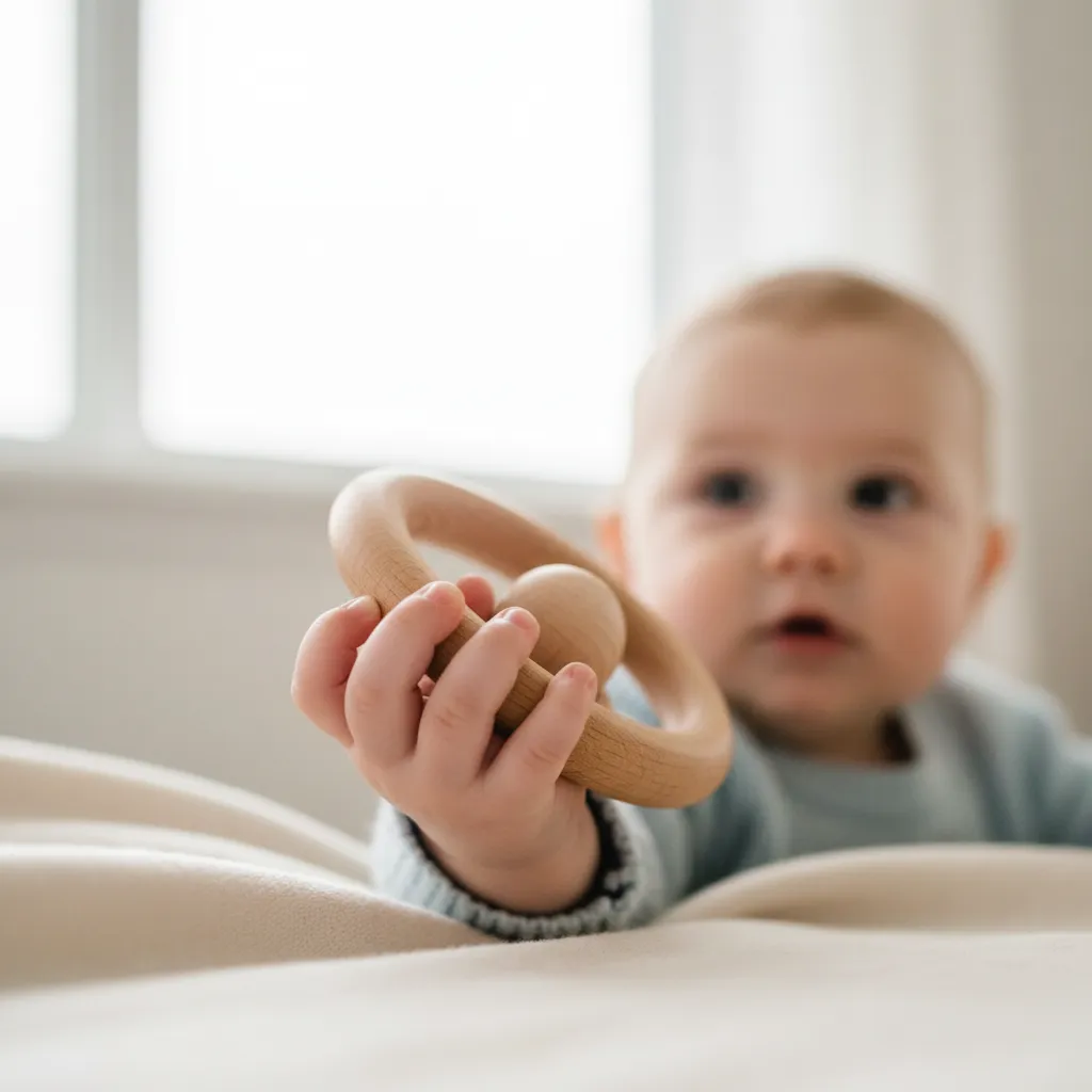 Bébé qui saisit un hochet en bois sur un plaid clair