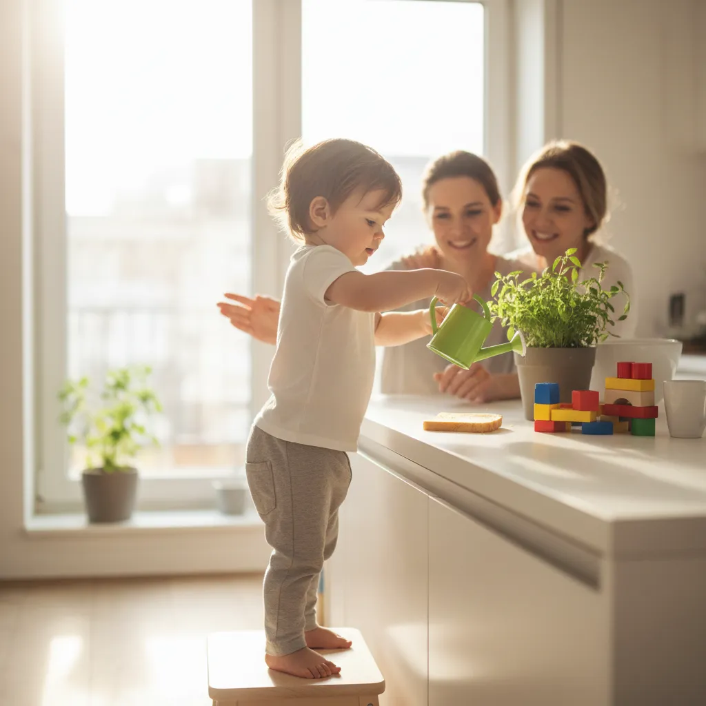 Tout-petit occupé à une activité de vie pratique sur un plateau