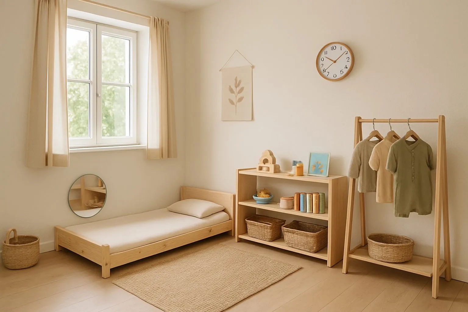 Chambre d'enfant Montessori avec lit au sol, étagère basse et portant à sa hauteur