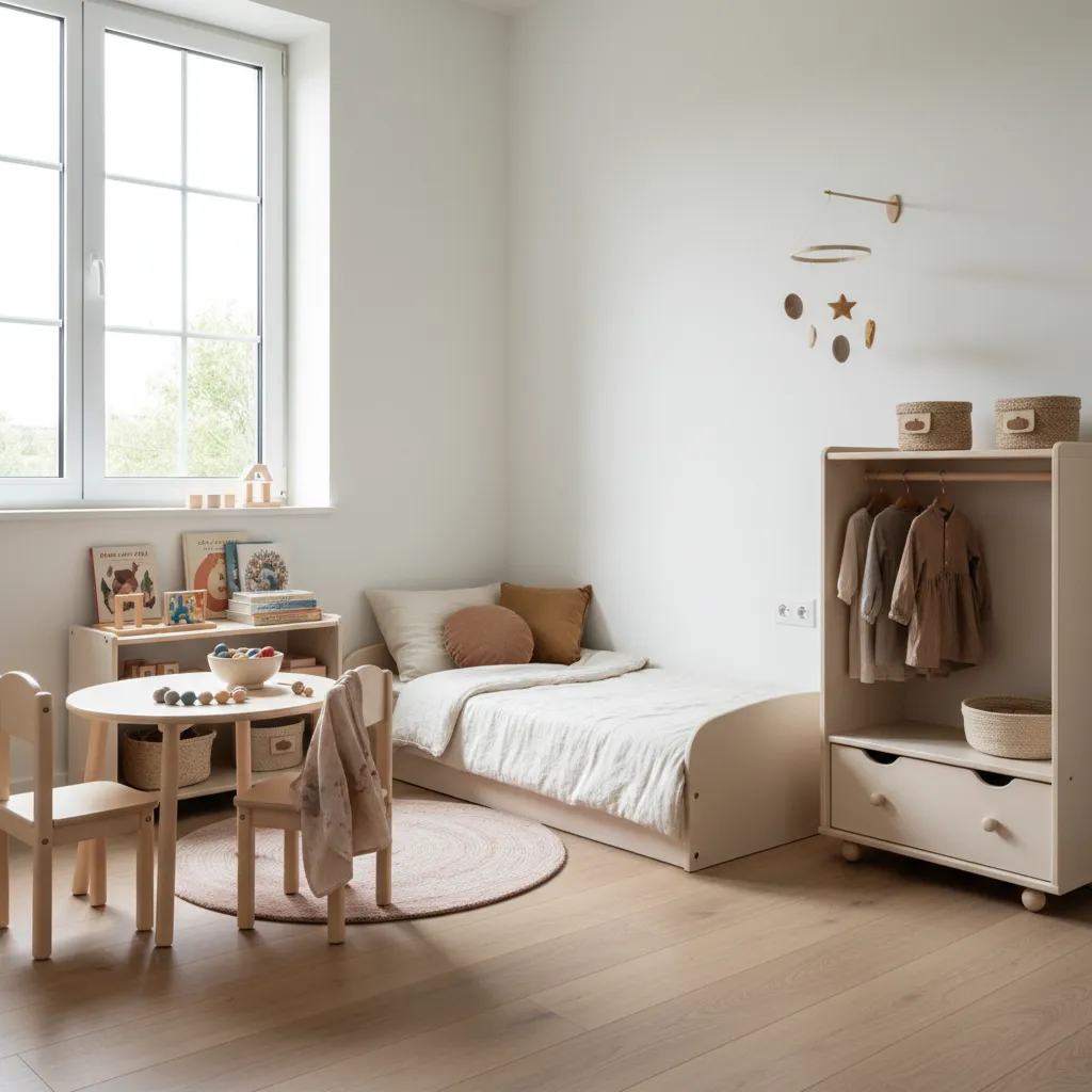 Chambre Montessori d'une fille de trois ans aux tons doux
