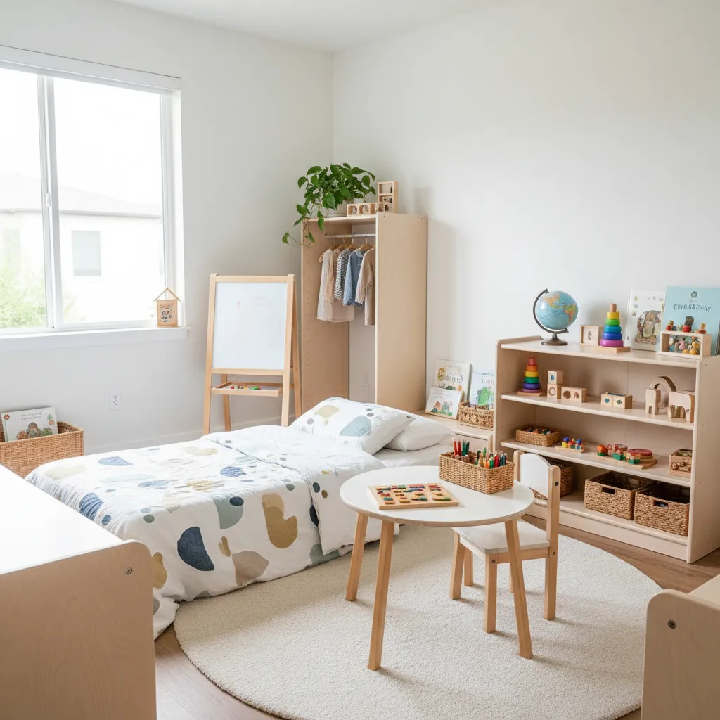 Chambre Montessori d'un enfant de six ans avec bureau et étagères basses