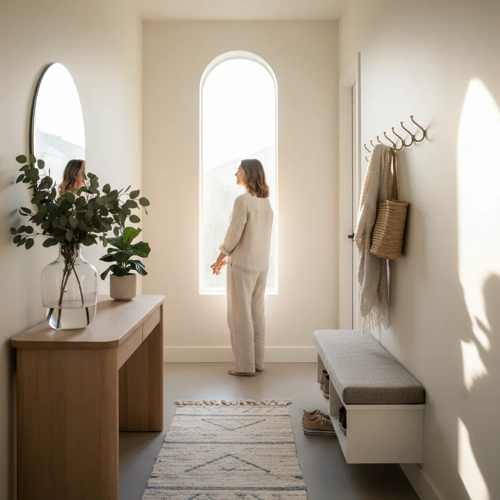 Entrée aménagée avec banc, patères et casier à chaussures d'enfant