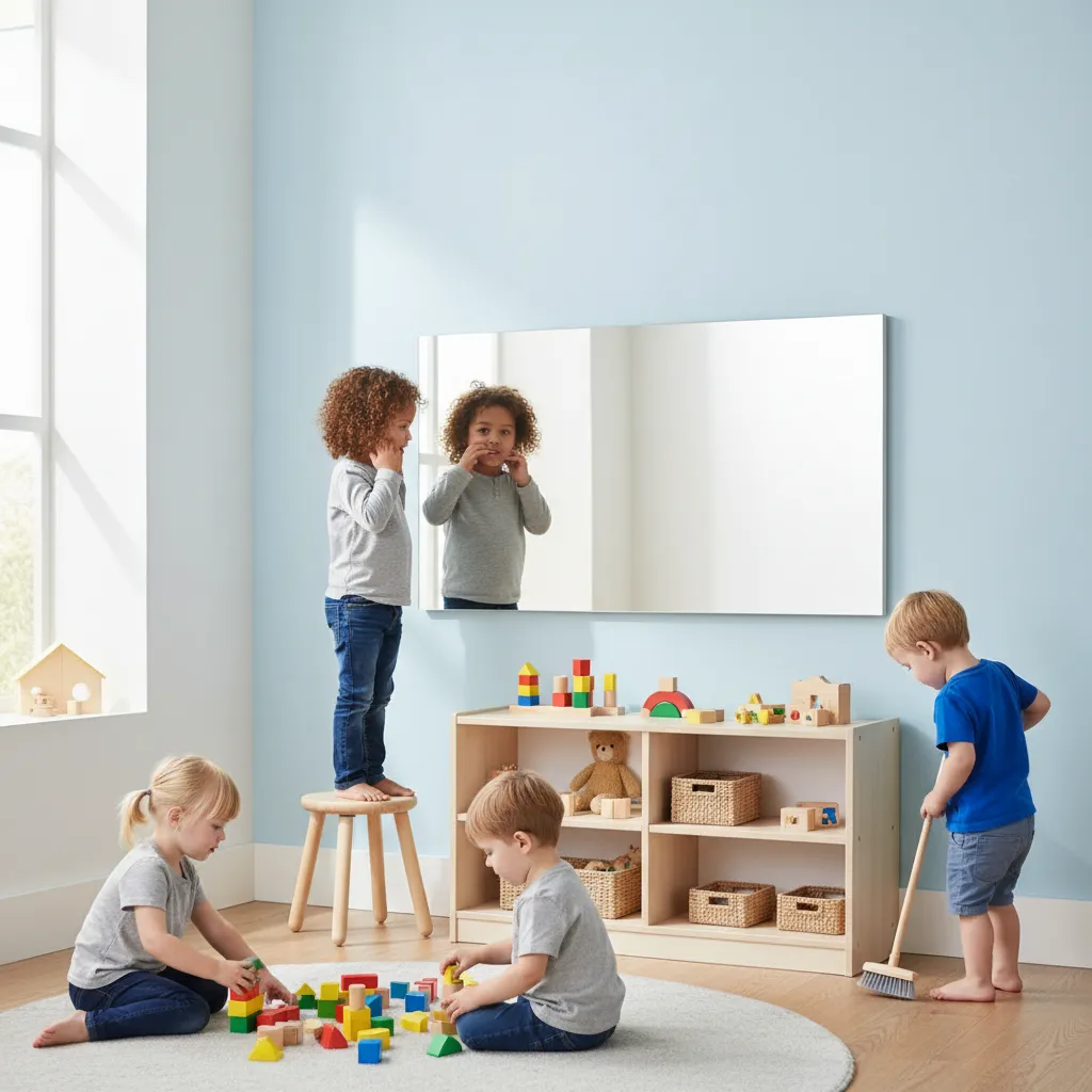 Salle de jeux Montessori avec tapis et jouets rangés sur une étagère basse