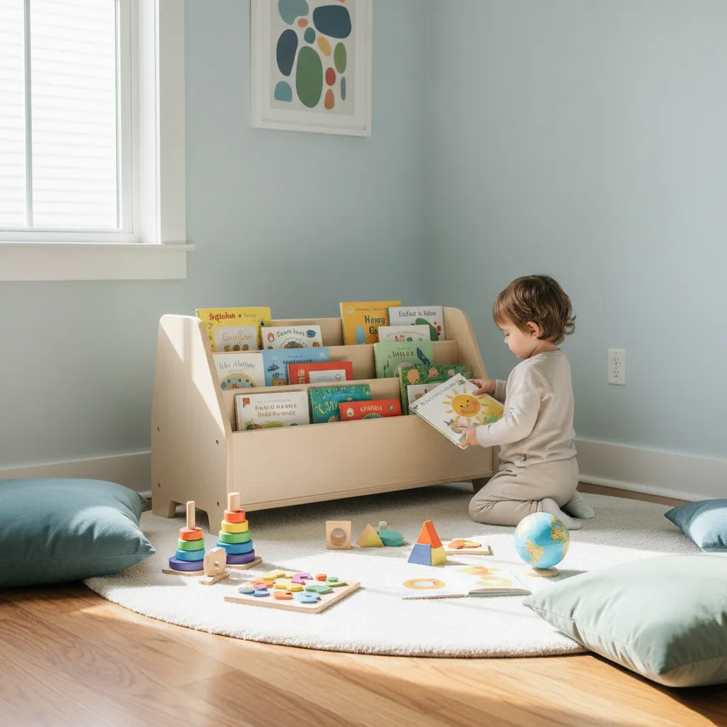 Bac à livres en bois posé au sol, couvertures tournées vers l'enfant