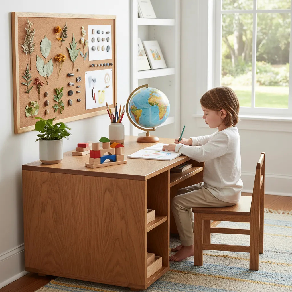 Enfant concentré à son bureau Montessori en bois clair