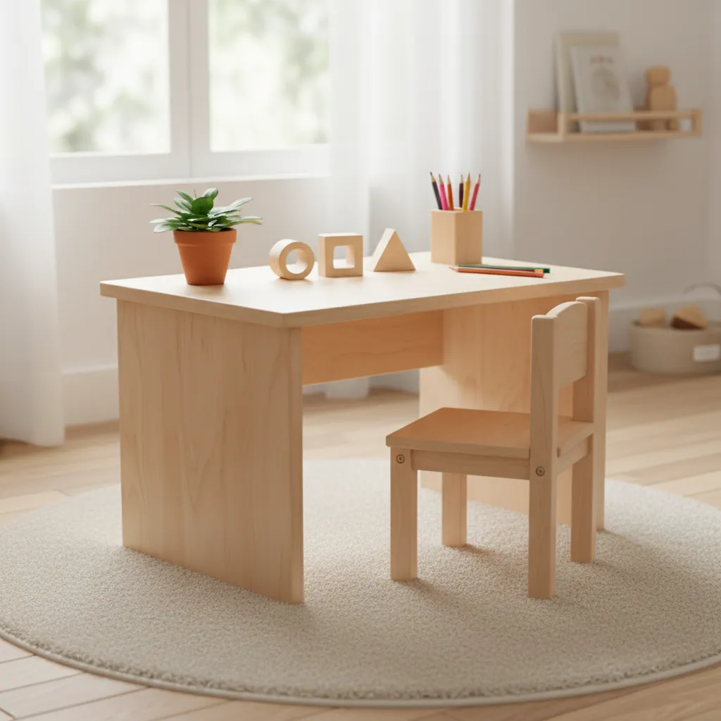 Petit bureau en bois clair et chaise assortie pour enfant