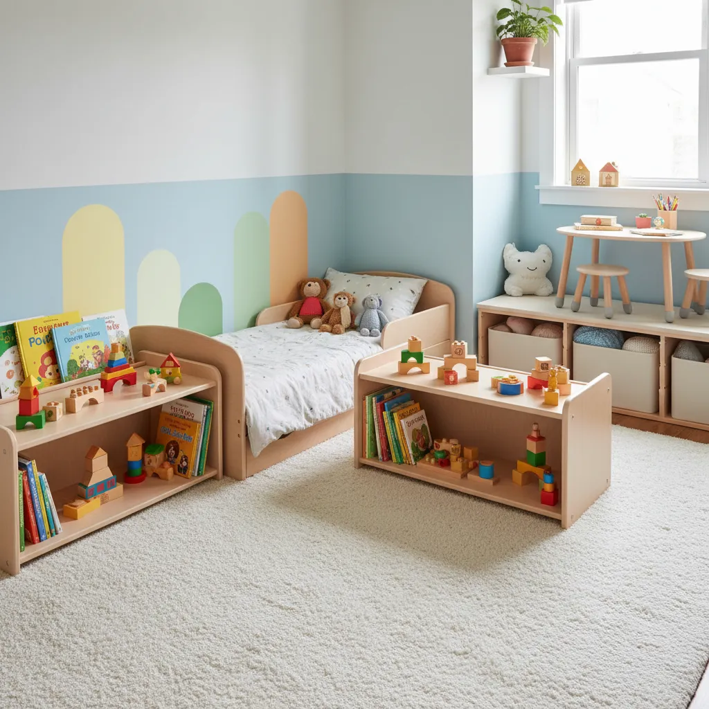 Chambre junior avec lit bas, tapis et étagères accessibles