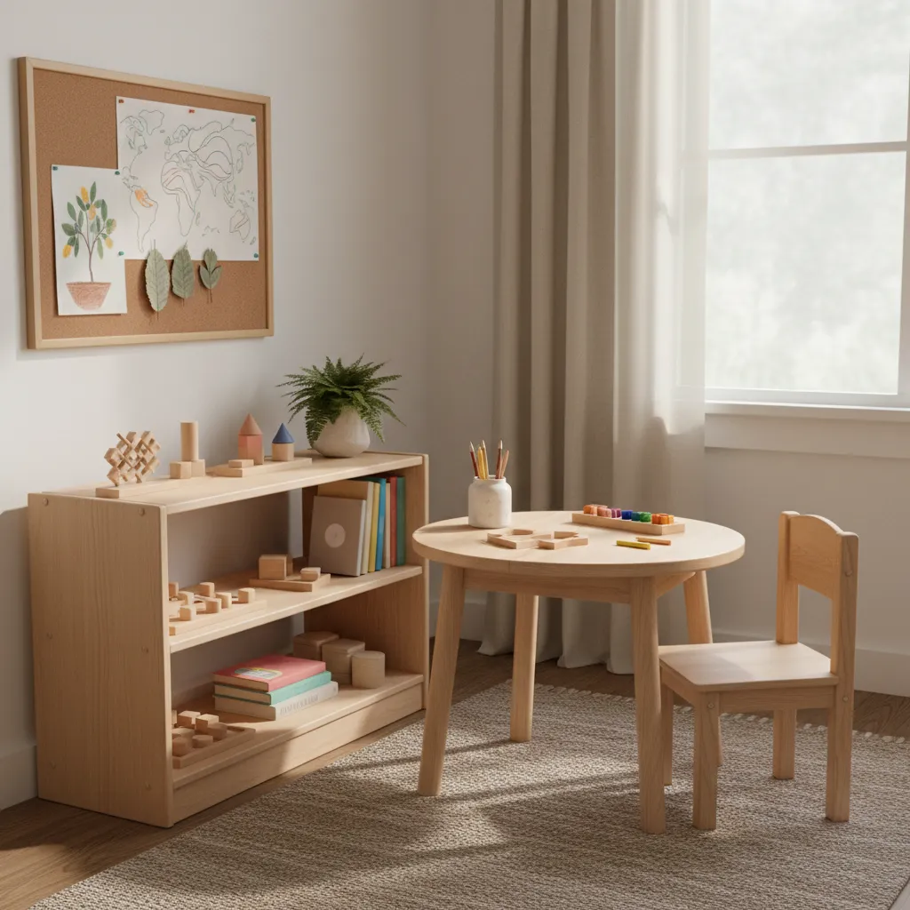 Coin devoirs calme avec bureau dégagé et lampe douce