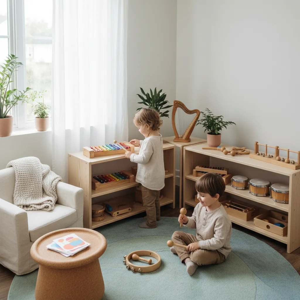 Coin musique avec petits instruments posés sur une étagère basse