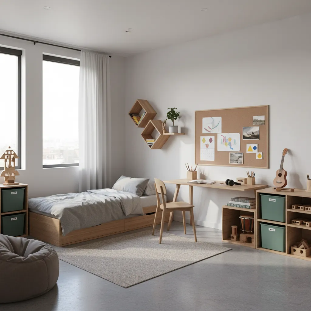 Chambre d'adolescent sobre, lit bas et rangements ouverts
