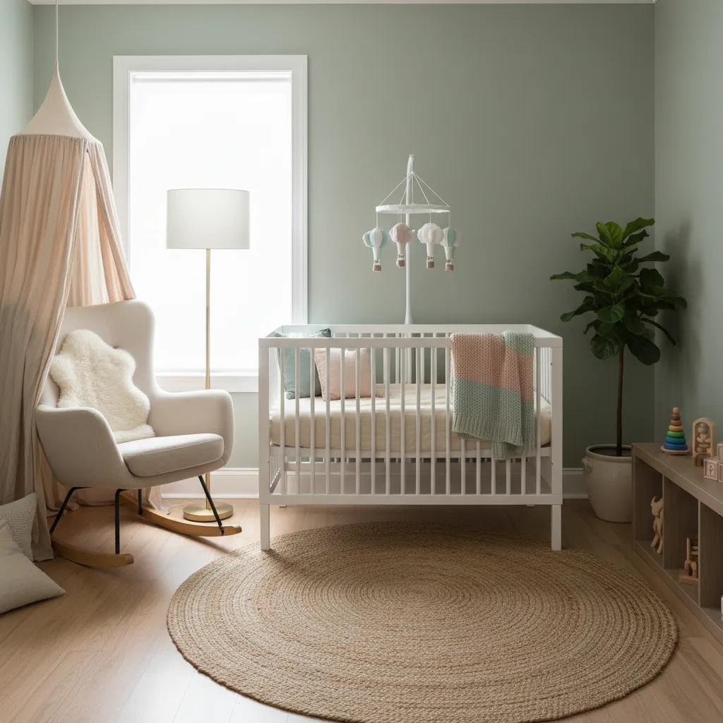 Chambre de bébé avec matelas au sol, miroir et mobile suspendu