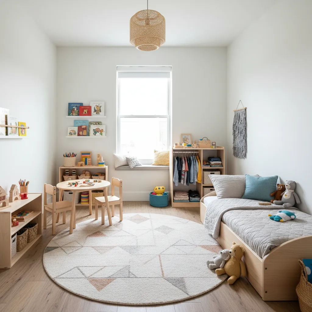 Chambre Montessori de garçon avec lit cabane et rangements bas