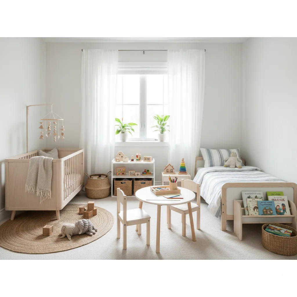 Chambre partagée avec deux lits bas et rangements séparés
