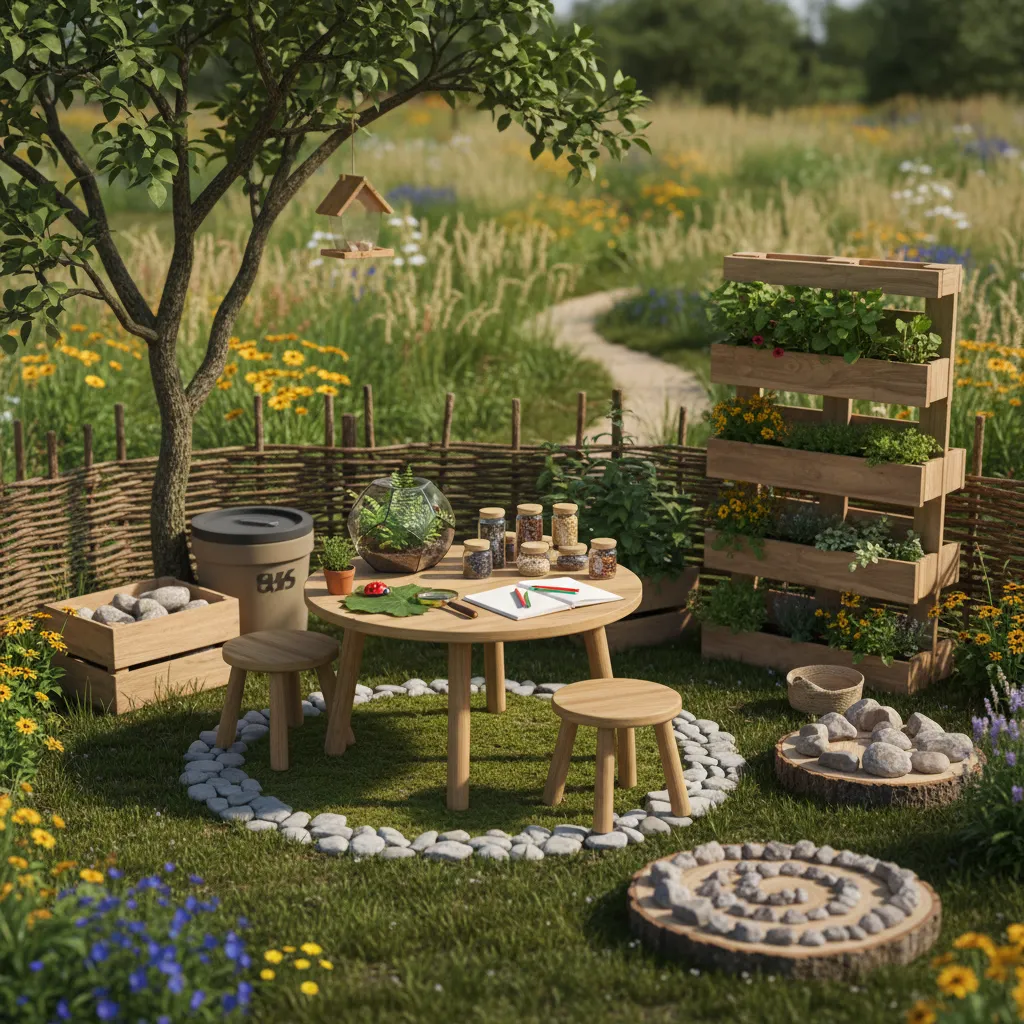 Coin nature avec plantes et trouvailles exposées sur une table basse