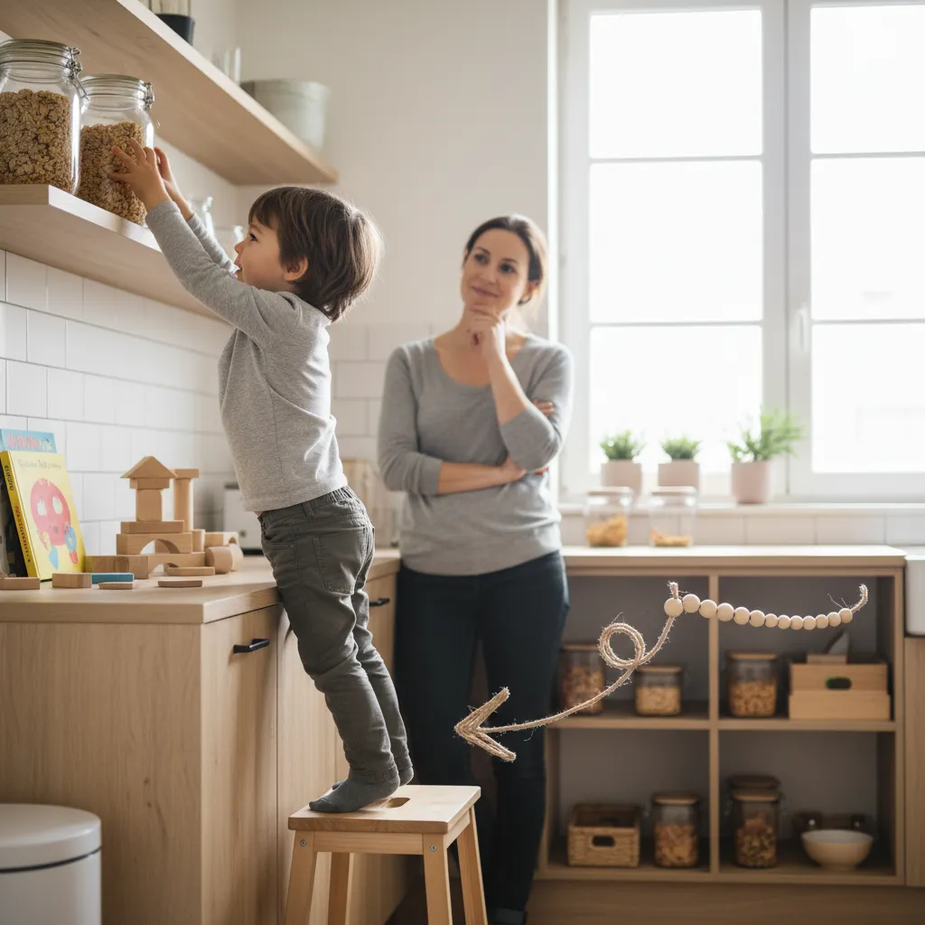 Cuisine adaptée où l'enfant prépare seul son goûter sur un plan bas