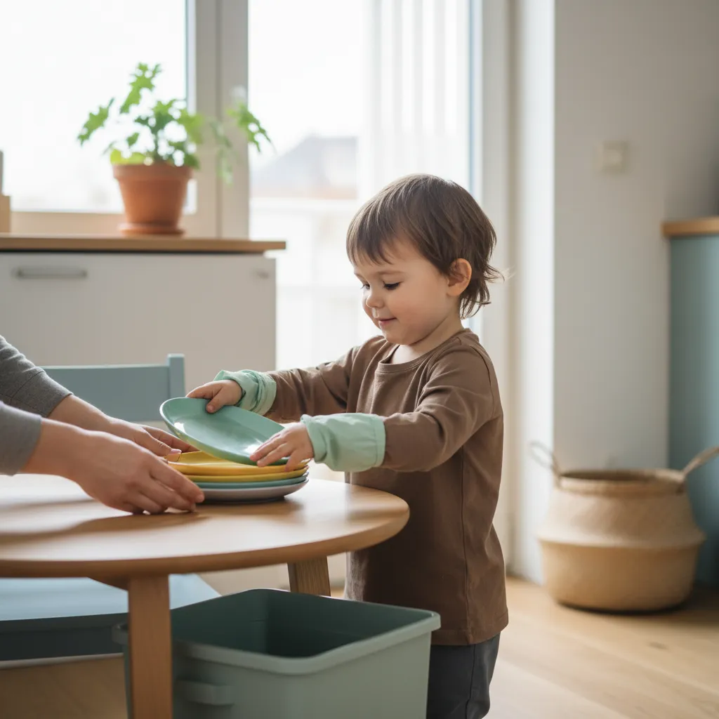 Enfant qui débarrasse son assiette après le repas