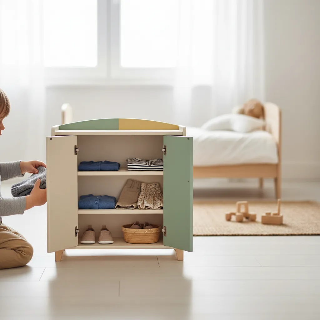 Garde-robe Montessori fabriquée maison avec tringle abaissée