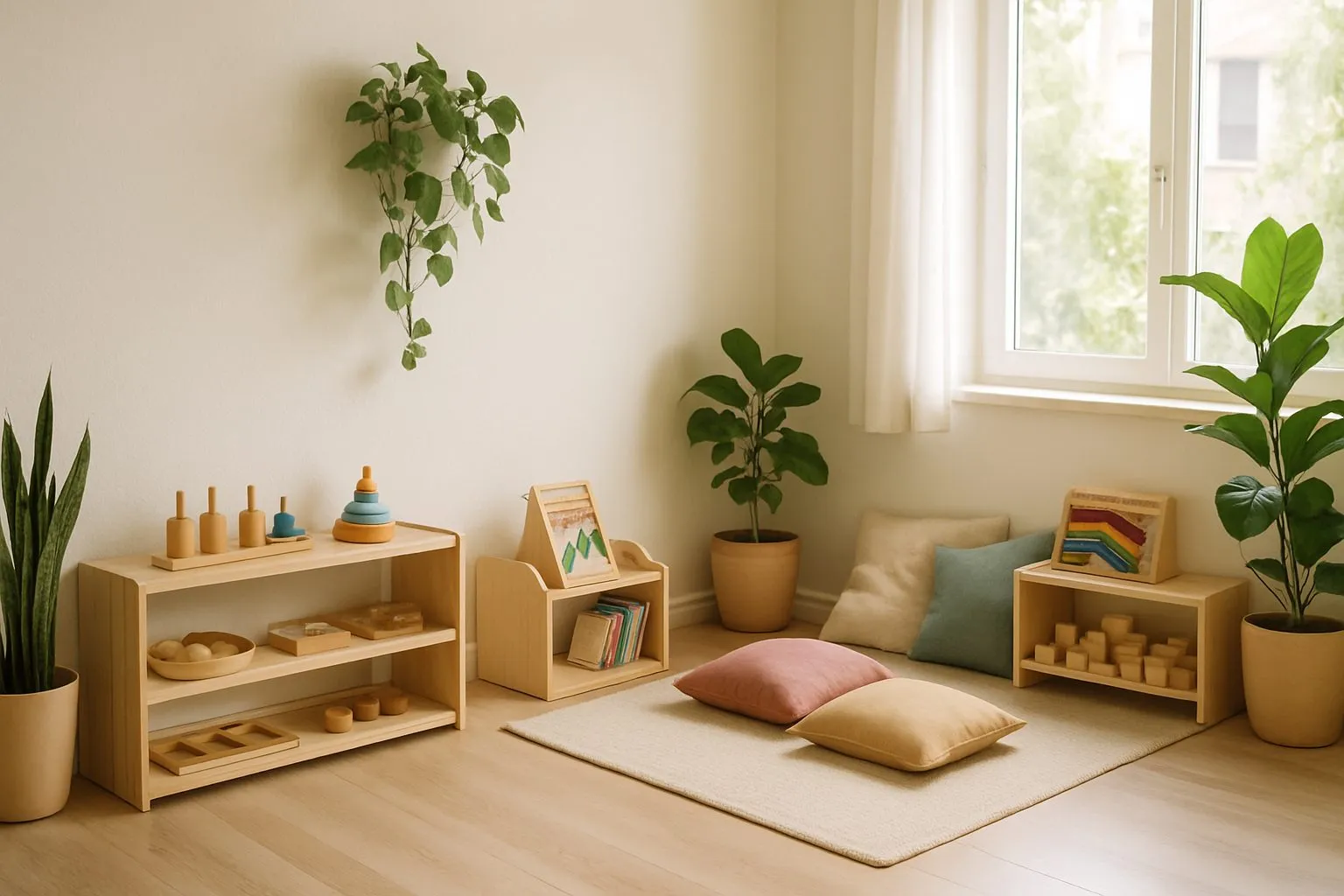 Décoration épurée d'un espace Montessori aux tons naturels
