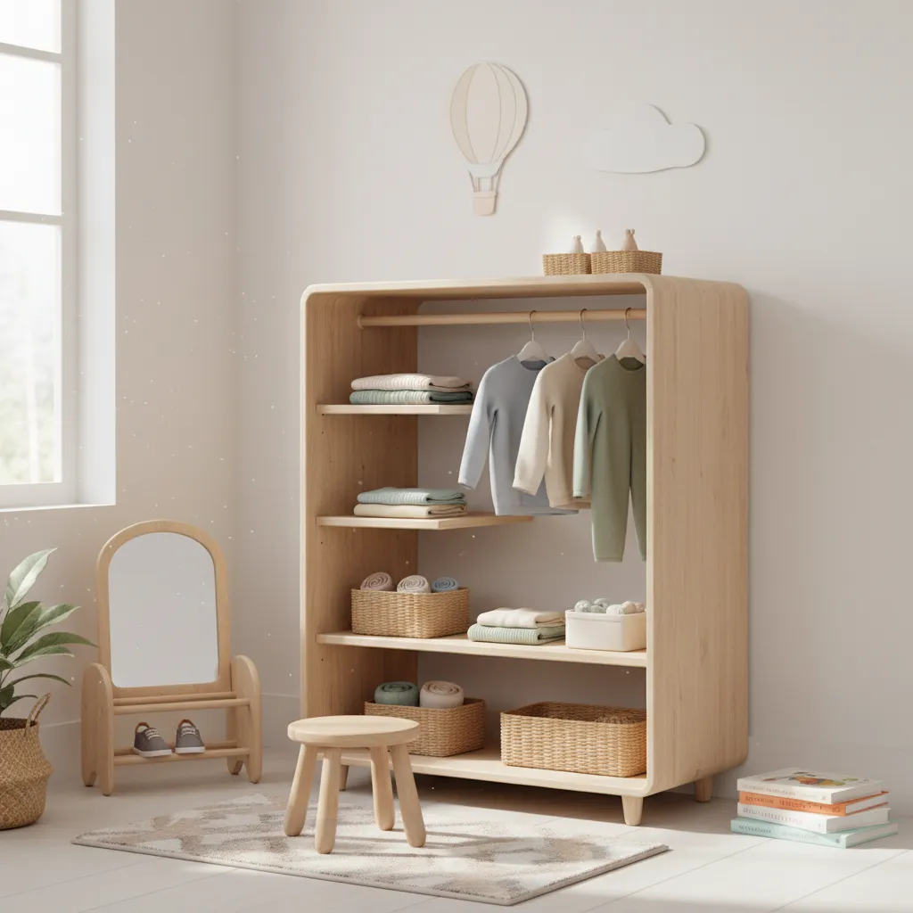 Dressing ouvert avec vêtements suspendus à hauteur d'enfant