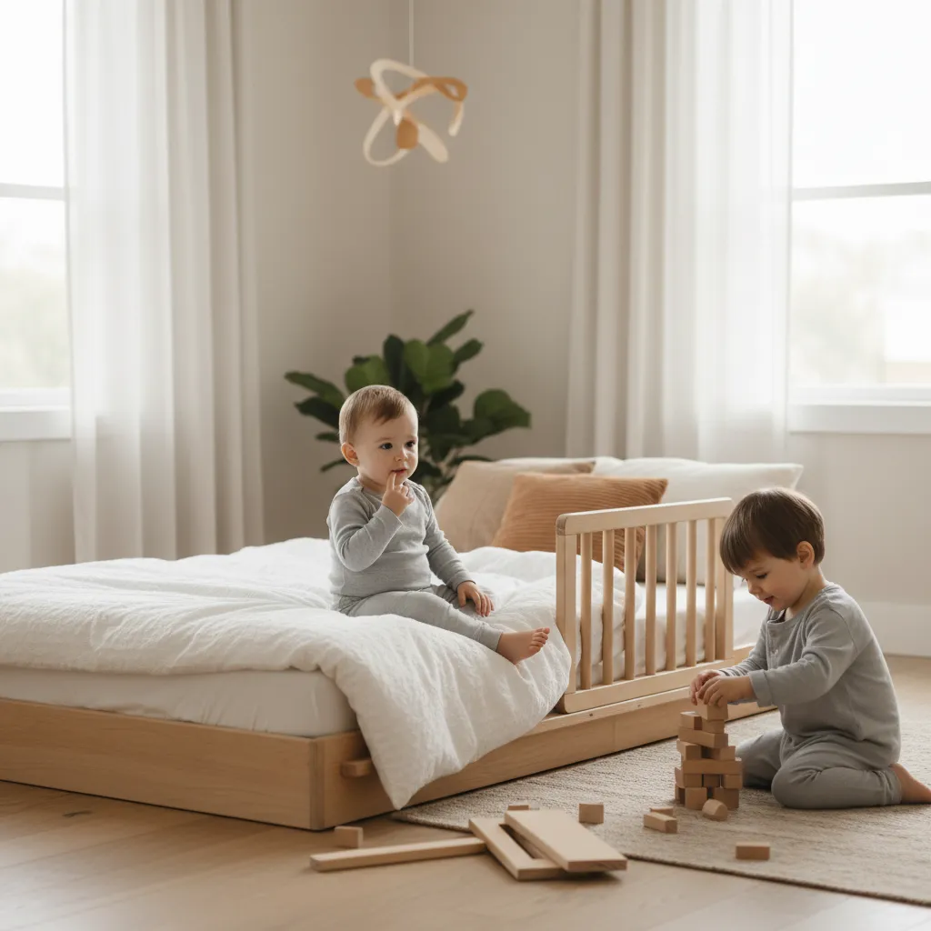 Lit au sol Montessori bordé d'une petite barrière en bois