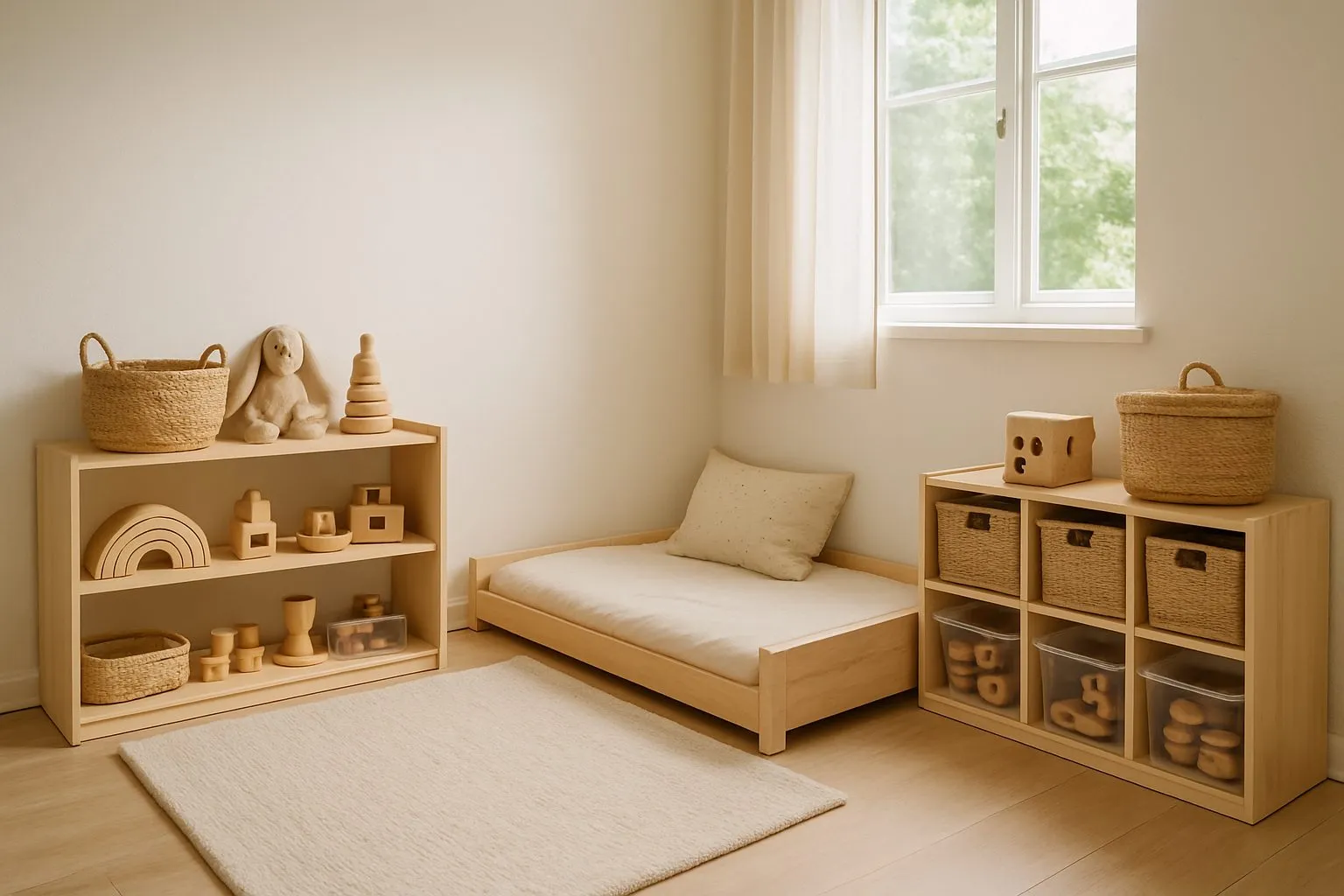 Meubles bas et paniers de rangement accessibles dans une chambre d'enfant