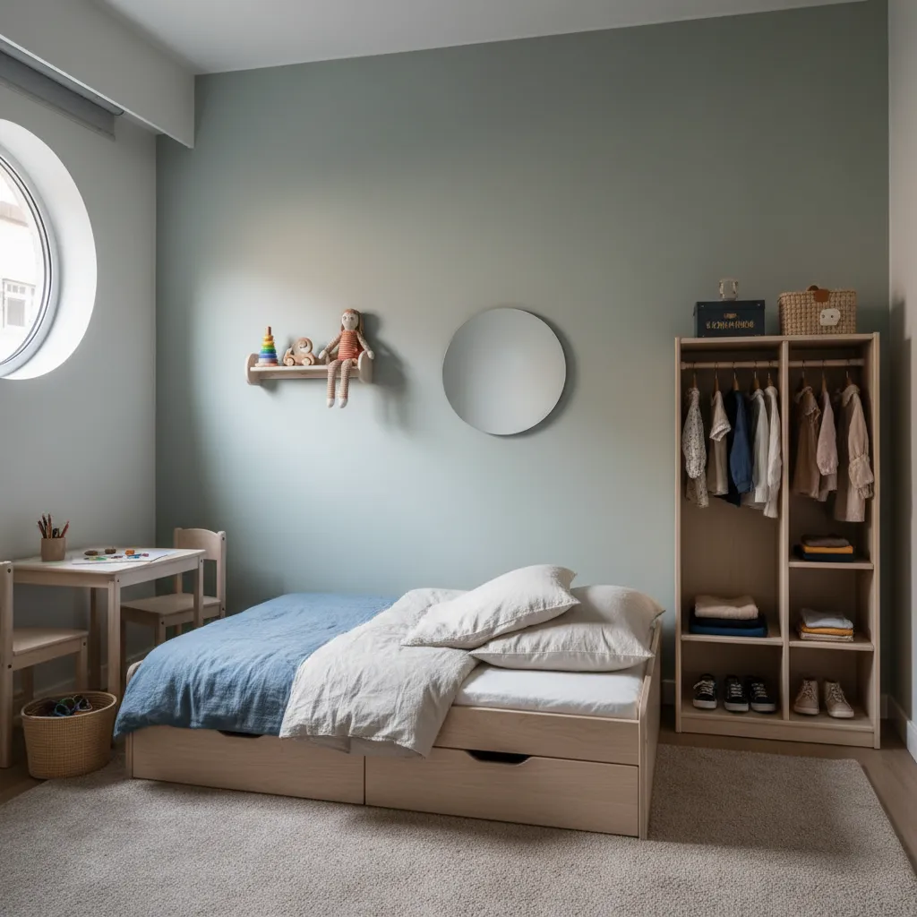 Petite chambre Montessori optimisée avec lit au sol et étagère murale
