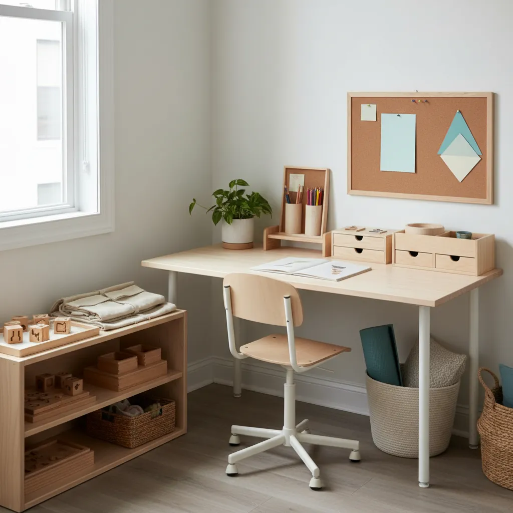 Bureau d'adolescent rangé, lampe et étagères murales épurées