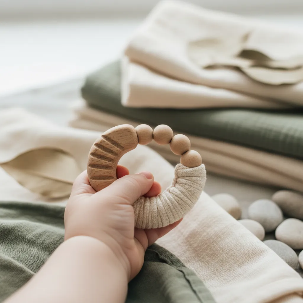 Bébé qui mordille un anneau de dentition en bois